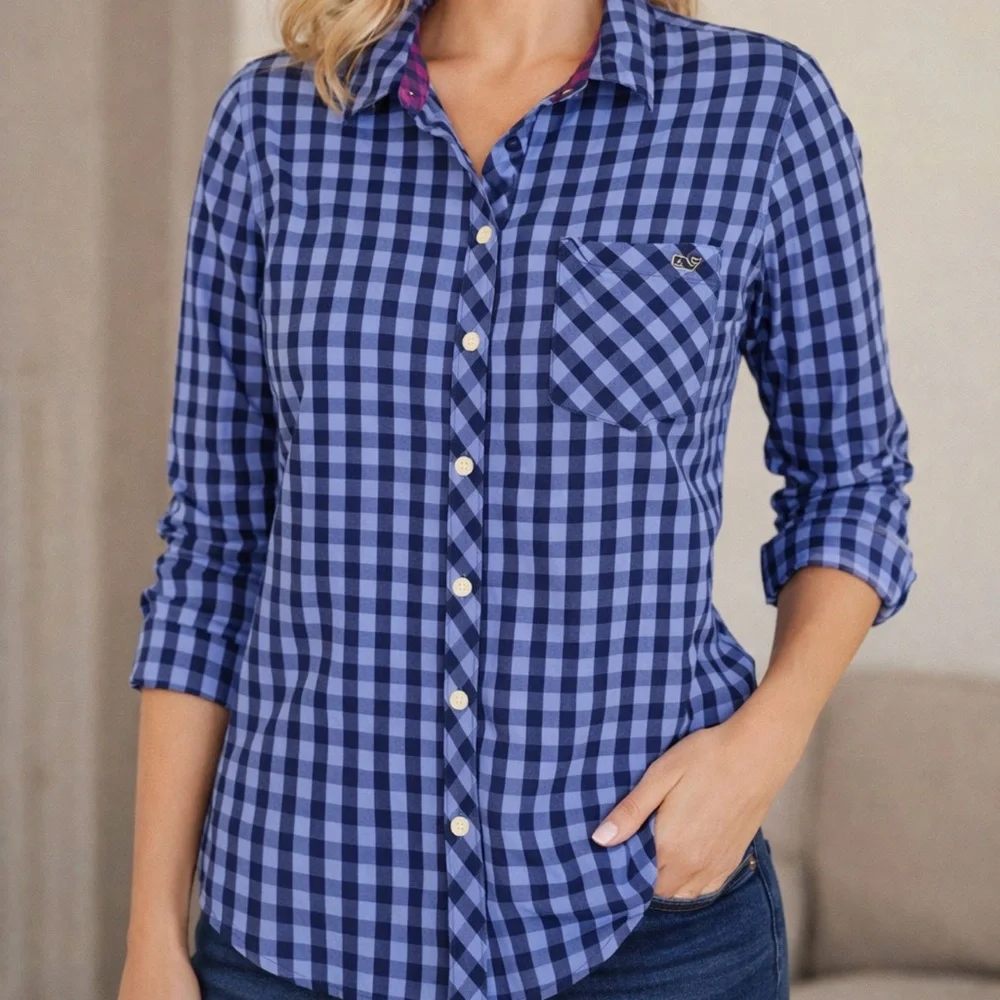 Vineyard Vines Navy Checkered Button-Down Shirt with Cashmere - Picture 1 of 5